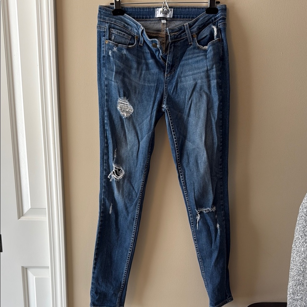 PAIGE Blue Skinny Jeans with Modern Distressing